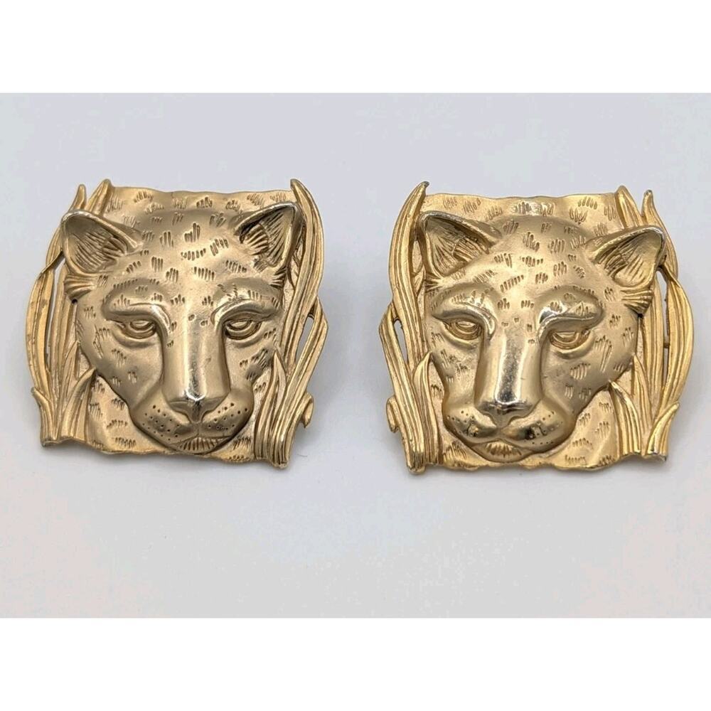 JJ 1986 Gold Tone Leopard Earrings Signed Vintage Pierced
